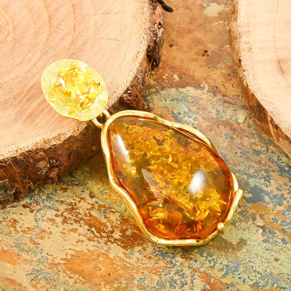 Baltic Amber and Simulated Yellow Diamond 1.50 ctw Pendant in 14K YG Over Sterling Silver image number 1