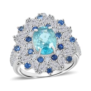 Cambodian Blue Zircon and Multi Gemstone 5.40 ctw Ring in Rhodium Over Sterling Silver (Size 10.0) 