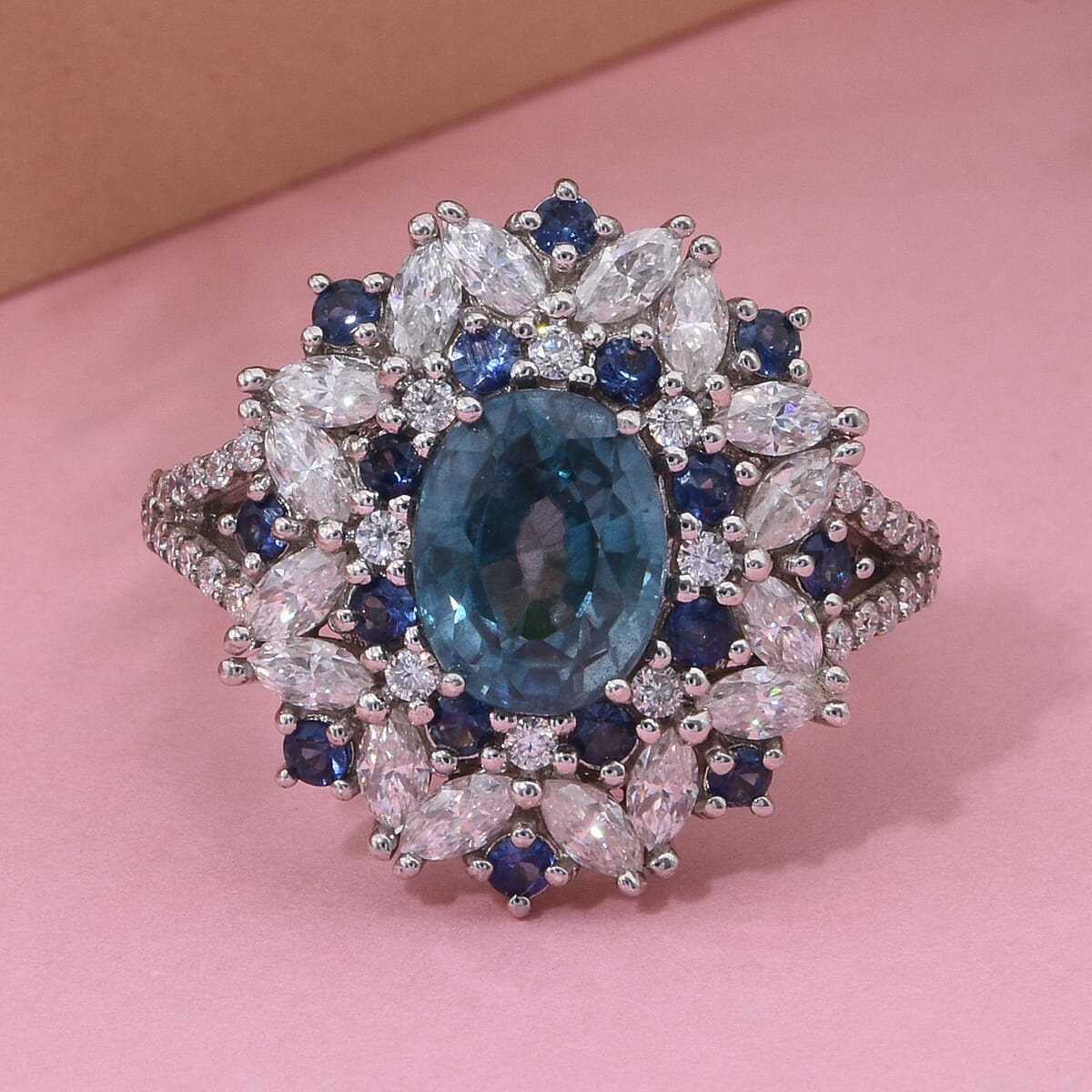 Cambodian Blue Zircon and Multi Gemstone 5.40 ctw Ring in Rhodium Over Sterling Silver (Size 10.0)  image number 1