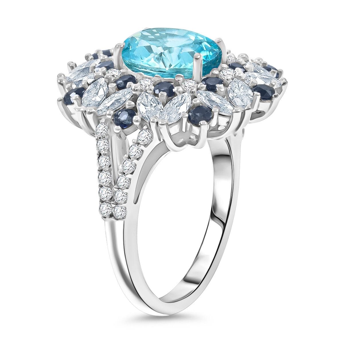 Cambodian Blue Zircon and Multi Gemstone 5.40 ctw Ring in Rhodium Over Sterling Silver (Size 10.0)  image number 3