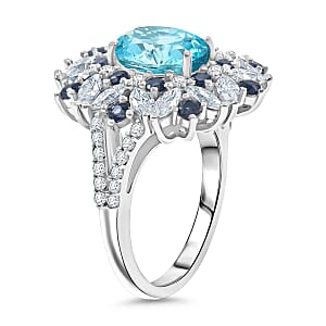 Cambodian Blue Zircon and Multi Gemstone 5.40 ctw Ring in Rhodium Over Sterling Silver (Size 5.0) 