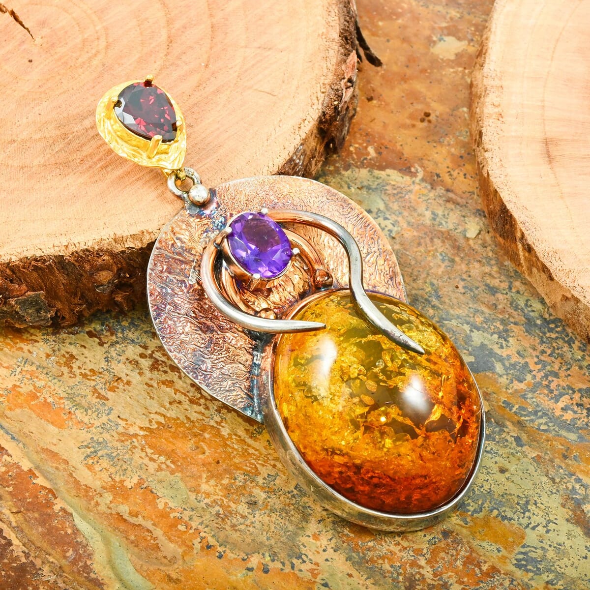 Baltic Amber and Multi Gemstone 2.00 ctw Pendant in 14K YG Over Sterling Silver image number 1