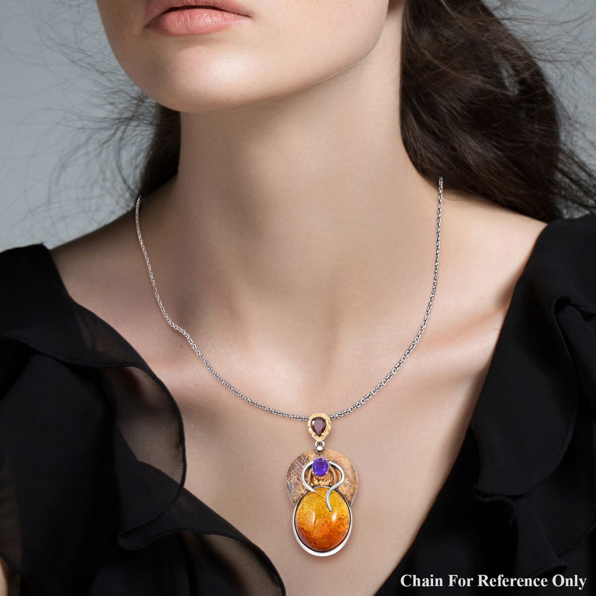 Baltic Amber and Multi Gemstone 2.00 ctw Pendant in 14K YG Over Sterling Silver image number 2
