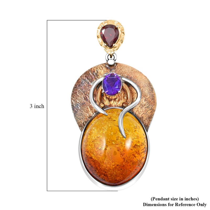 Baltic Amber and Multi Gemstone 2.00 ctw Pendant without Chain in 14K YG Over Sterling Silver