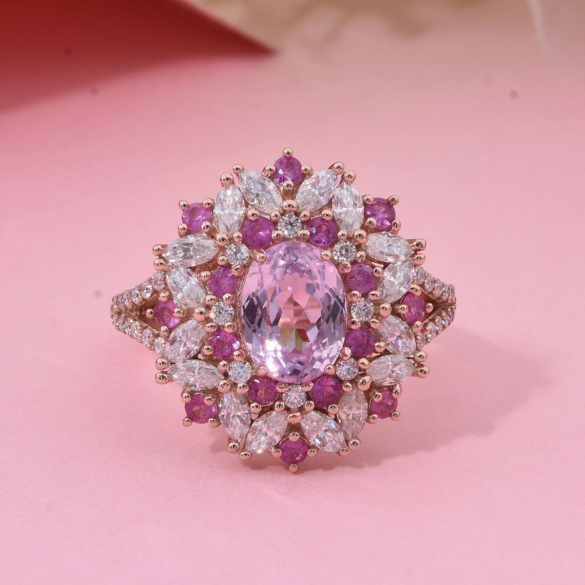 Martha Rocha Kunzite and Multi Gemstone 5.00 ctw Ring in 18K Vermeil Rose Gold Over Sterling Silver (Size 8.0) image number 1