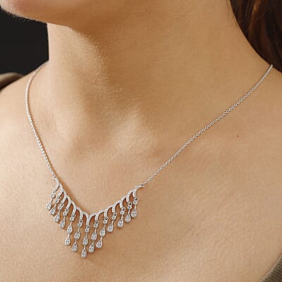 Luxuriant Lab Grown Diamond G-H SI 1.00 ctw Cascade Water Drop Necklace in Rhodium Over Sterling Silver 20 Inches
