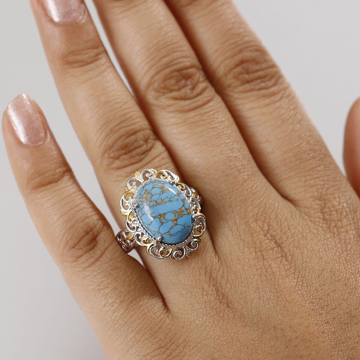 Karis Mojave Blue Turquoise 7.70 ctw Fancy Ring in 18K YG Plated and Platinum Bond (Size 10.0) image number 2