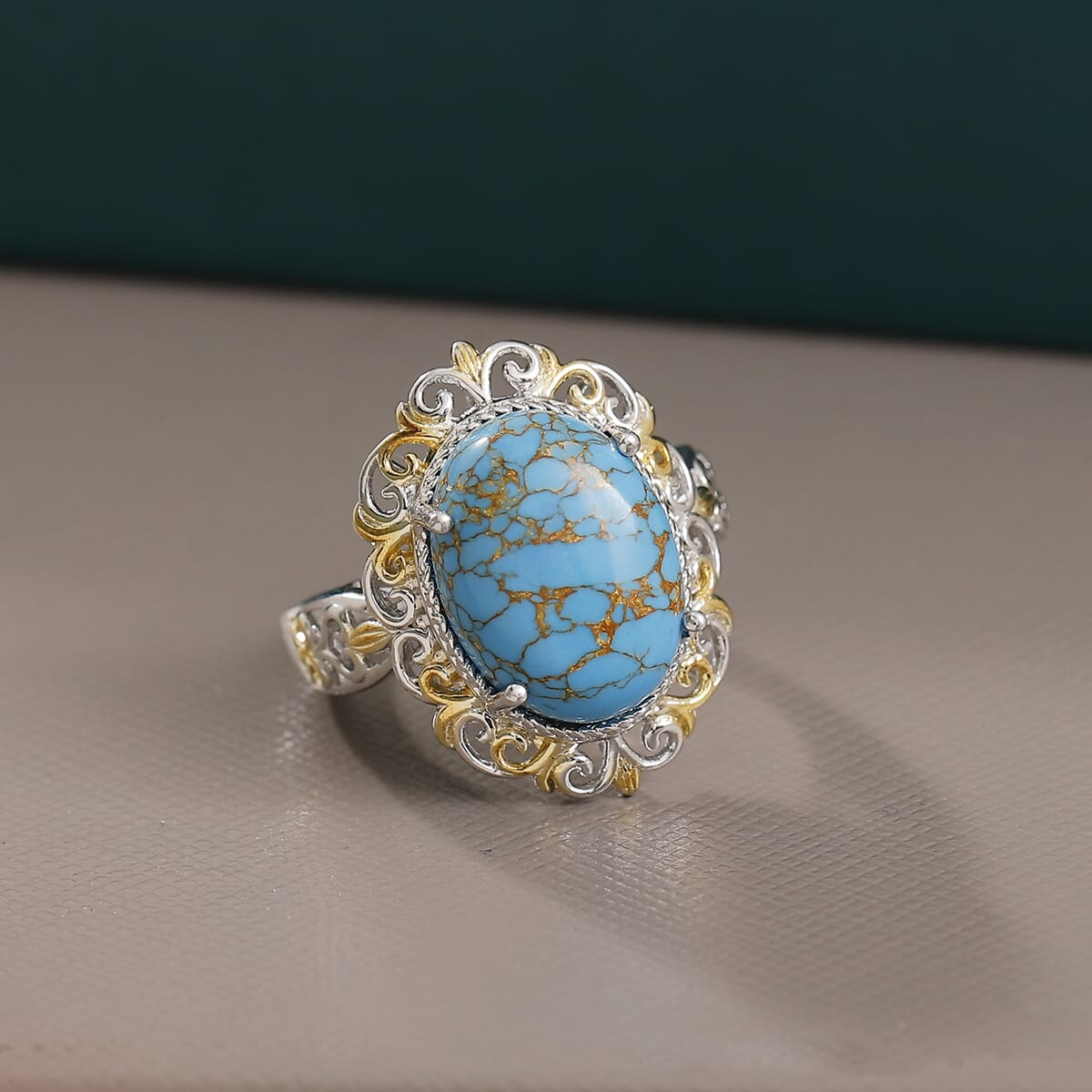 Karis Mojave Blue Turquoise 7.70 ctw Fancy Ring in 18K YG Plated and Platinum Bond (Size 7.0) image number 1