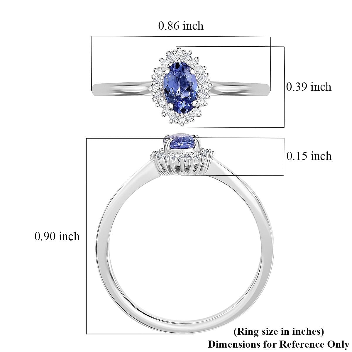 D'Joy AAA Tanzanite and Diamond 0.60 ctw Moonlit Halo Ring in Rhodium Over Sterling Silver (Size 5.0)