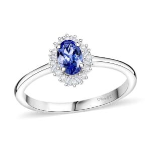AAA Tanzanite and Diamond 0.60 ctw Moonlit Halo Ring in Rhodium Over Sterling Silver (Size 9.0)