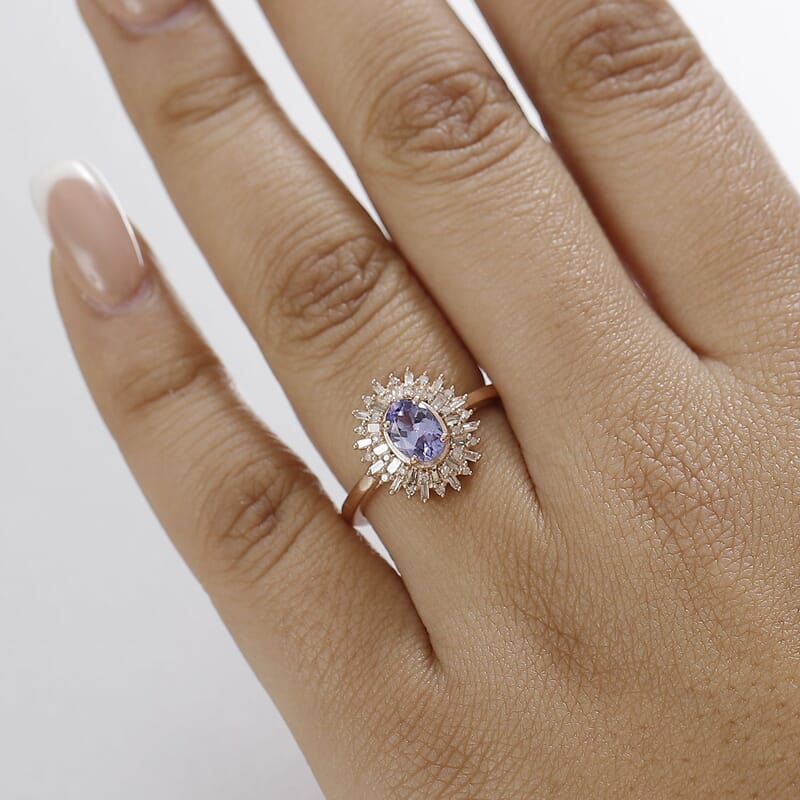 D'Joy Tanzanite, Natural Champagne and White Diamond 1.30 ctw Solar Elegance Ring in 18K Vermeil Rose Gold Over Sterling Silver (Size 10.0)