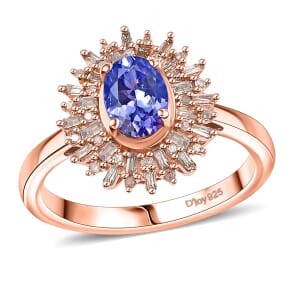 Tanzanite, Natural Champagne and White Diamond 1.30 ctw Solar Elegance Ring in 18K Vermeil Rose Gold Over Sterling Silver (Size 9.0)