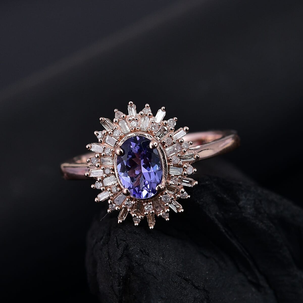 Tanzanite, Natural Champagne and White Diamond 1.30 ctw Solar Elegance Ring in 18K Vermeil Rose Gold Over Sterling Silver (Size 9.0) image number 1