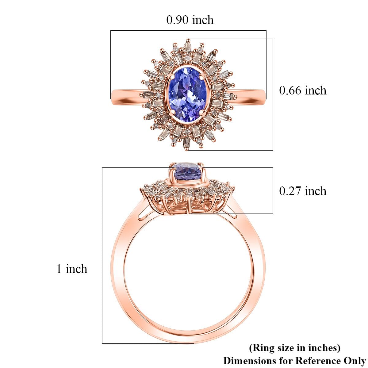 Tanzanite, Natural Champagne and White Diamond 1.30 ctw Solar Elegance Ring in 18K Vermeil Rose Gold Over Sterling Silver (Size 9.0) image number 5