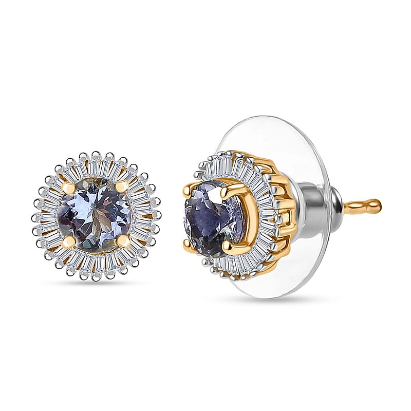 D'Joy Peacock Tanzanite and Diamond 1.30 ctw Sunburst Earrings in 18K Vermeil Yellow Gold Over Sterling Silver
