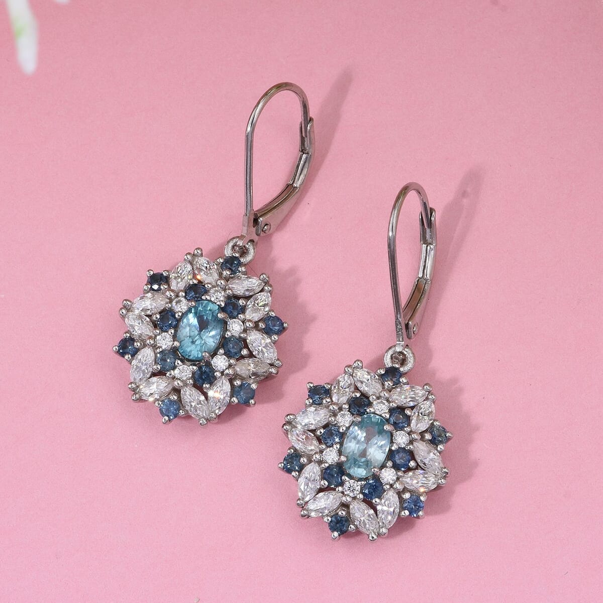 Cambodian Blue Zircon and Multi Gemstone 4.60 ctw Earrings in Rhodium Over Sterling Silver (Size 7.0) image number 1