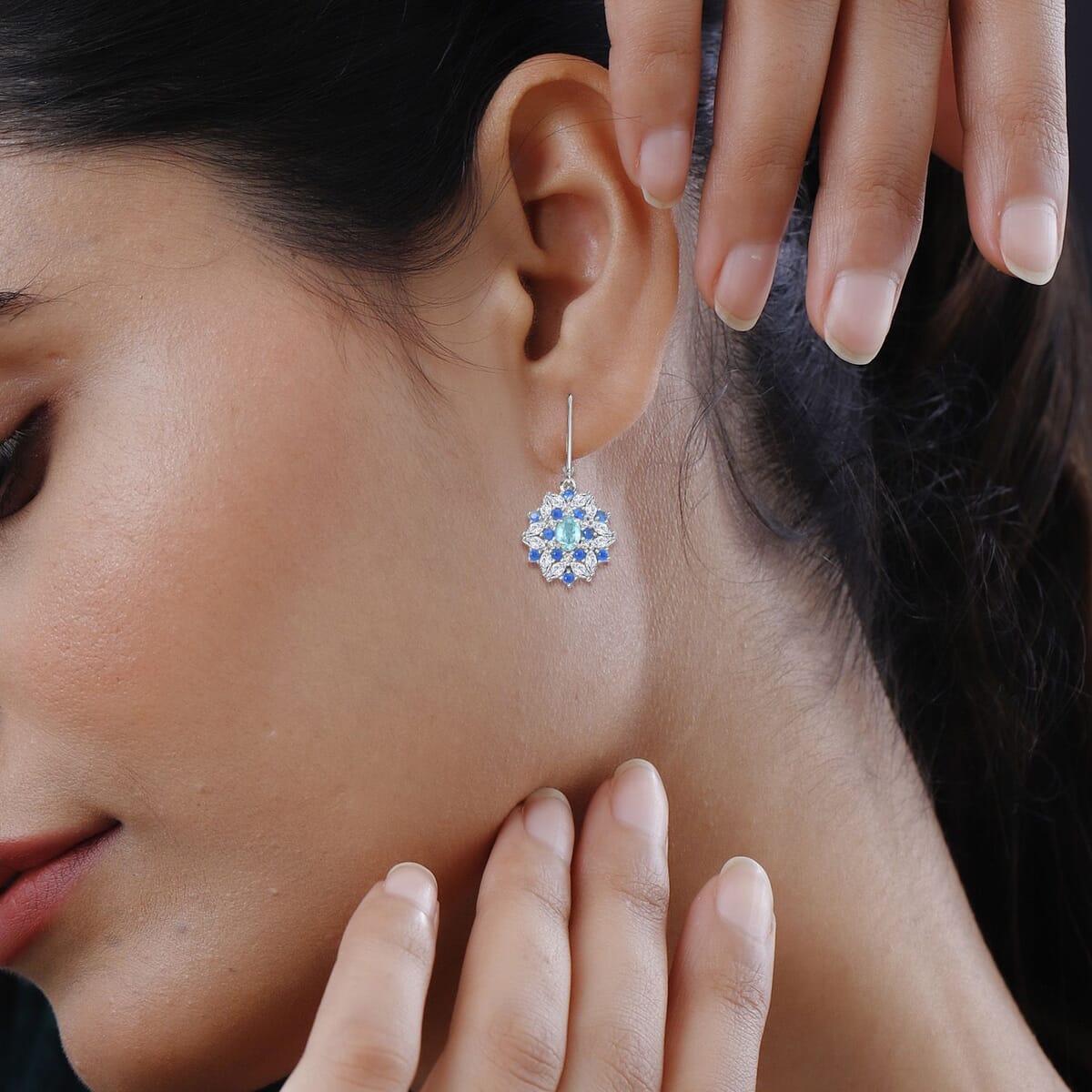 Cambodian Blue Zircon and Multi Gemstone 4.60 ctw Earrings in Rhodium Over Sterling Silver (Size 7.0) image number 2