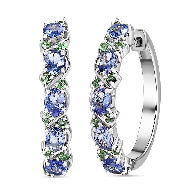 D'Joy Tanzanite and Tsavorite Garnet 2.60 ctw Petals Vine Earrings in Rhodium Over Sterling Silver