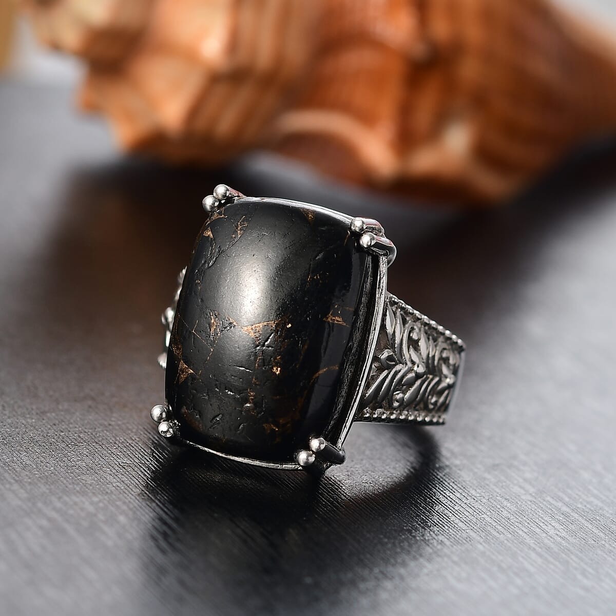 Matrix Silver Shungite 9.20 ctw Solitaire Ring in Platinum Over Copper with Magnet (Size 11.0) image number 1