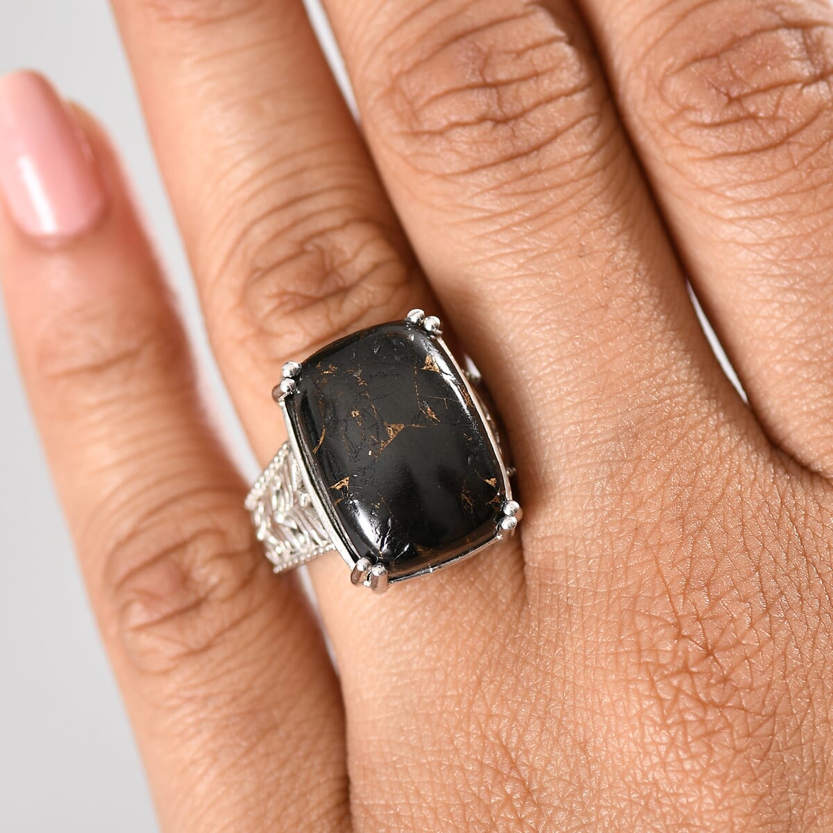Matrix Silver Shungite 9.20 ctw Solitaire Ring in Platinum Over Copper with Magnet (Size 11.0) image number 2