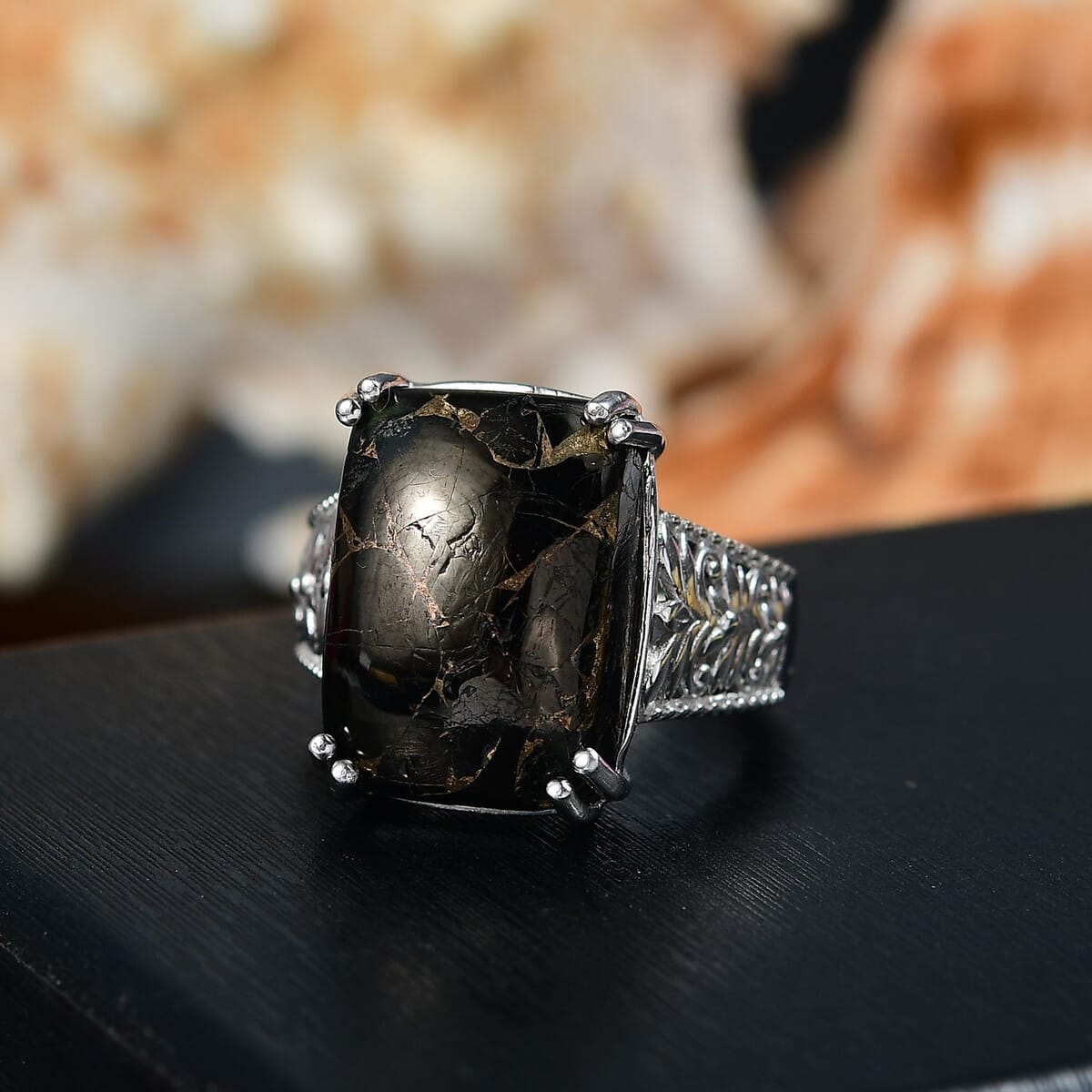 Matrix Silver Shungite Solitaire Ring in Platinum Over Copper with Magnet (Size 9.0) 9.20 ctw image number 1