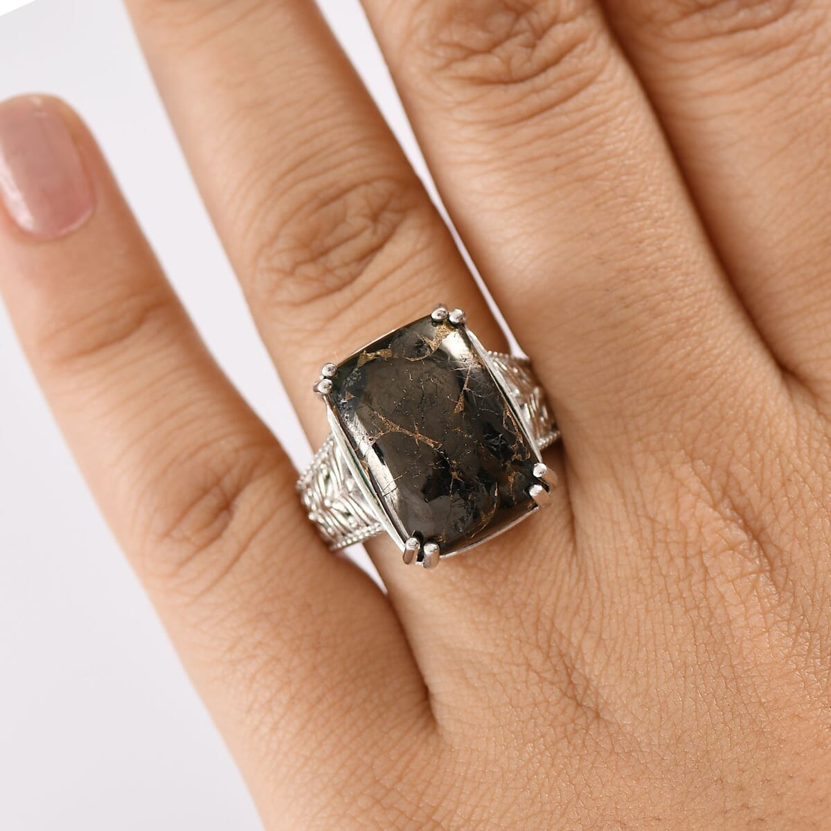 Matrix Silver Shungite Solitaire Ring in Platinum Over Copper with Magnet (Size 9.0) 9.20 ctw image number 2