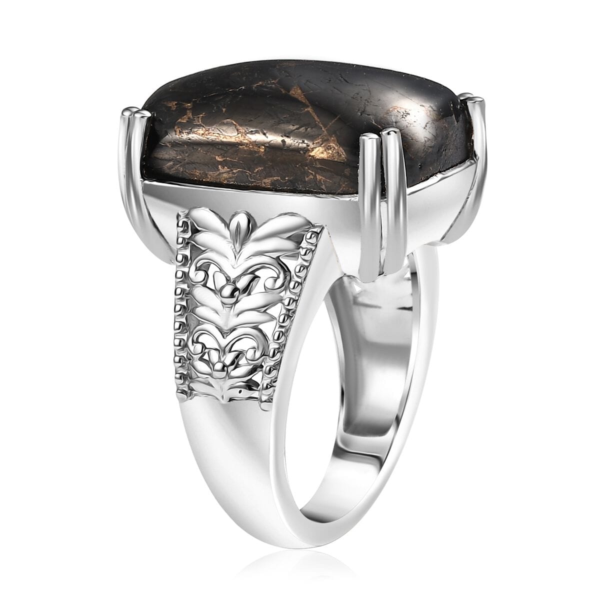 Matrix Silver Shungite Solitaire Ring in Platinum Over Copper with Magnet (Size 9.0) 9.20 ctw image number 3