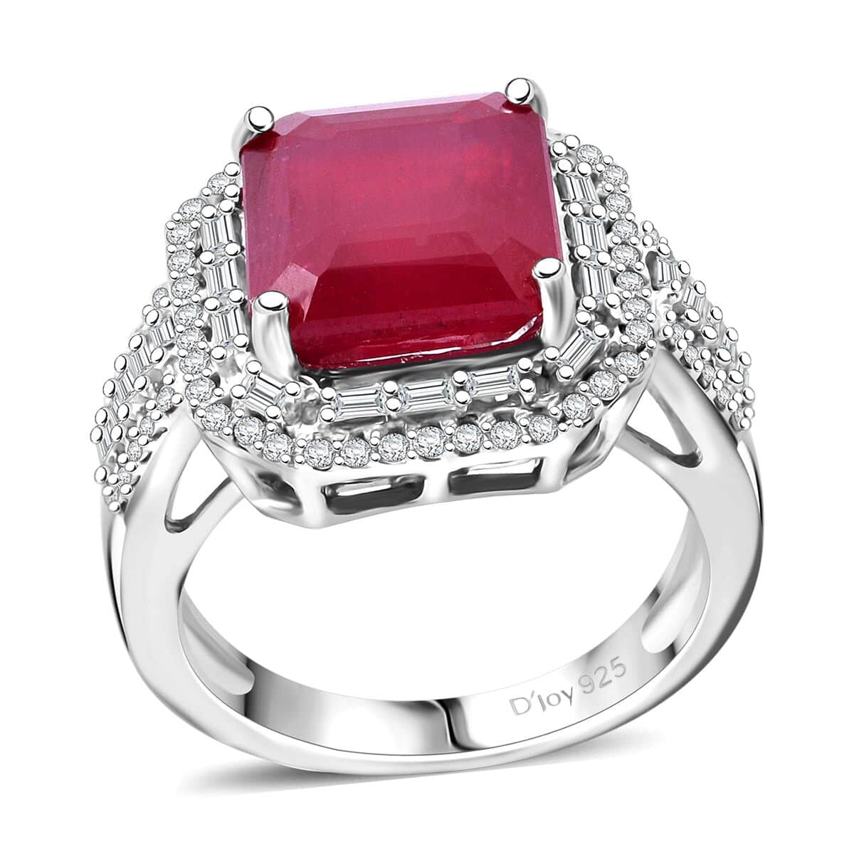 Premim Niassa Ruby (FF) and Moissanite 9.10 ctw Halo of Majesty Ring in Rhodium Over Sterling Silver (Size 10.0) image number 0