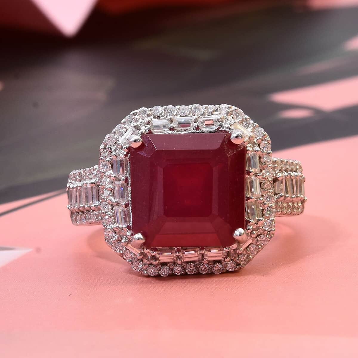 Premim Niassa Ruby (FF) and Moissanite 9.10 ctw Halo of Majesty Ring in Rhodium Over Sterling Silver (Size 10.0) image number 1