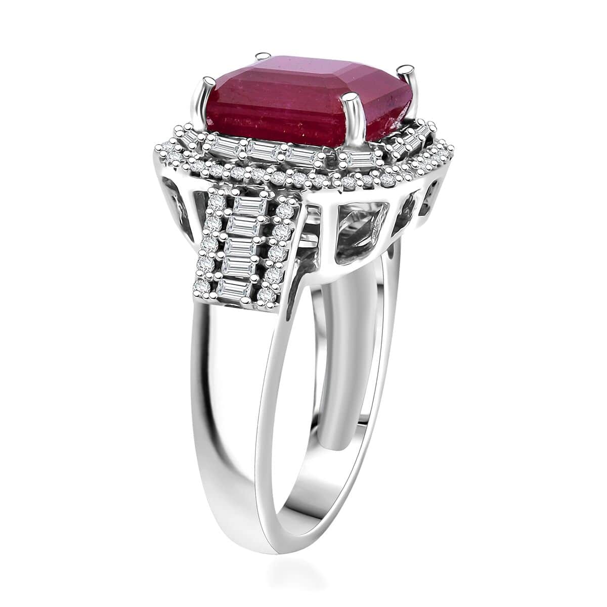 Premim Niassa Ruby (FF) and Moissanite 9.10 ctw Halo of Majesty Ring in Rhodium Over Sterling Silver (Size 10.0) image number 3