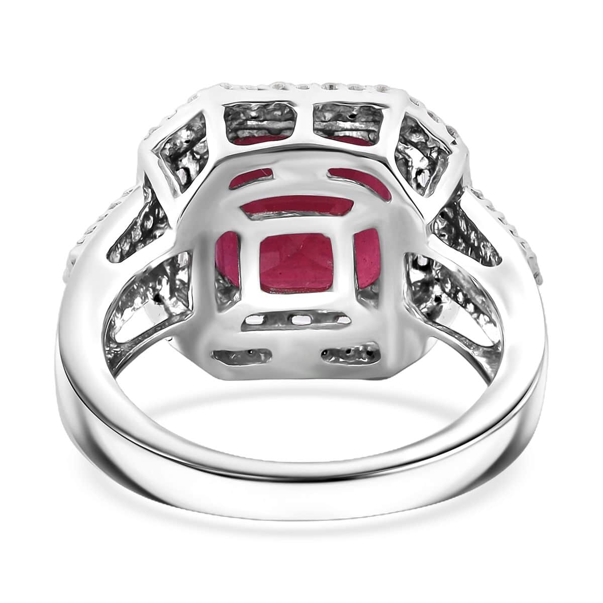 Premim Niassa Ruby (FF) and Moissanite 9.10 ctw Halo of Majesty Ring in Rhodium Over Sterling Silver (Size 10.0) image number 4