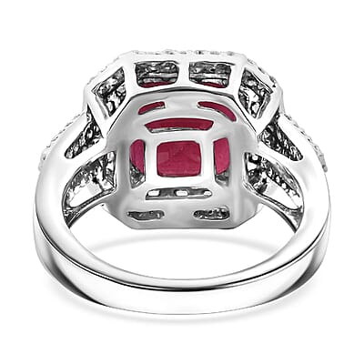 Premim Niassa Ruby (FF) and Moissanite 9.10 ctw Halo of Majesty Ring in Rhodium Over Sterling Silver (Size 10.0)