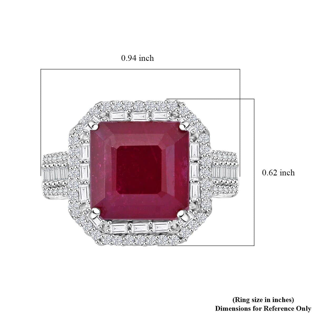 Premim Niassa Ruby (FF) and Moissanite 9.10 ctw Halo of Majesty Ring in Rhodium Over Sterling Silver (Size 10.0) image number 5