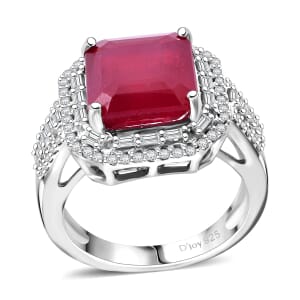 Premium Niassa Ruby (FF), Moissanite Halo of Majesty Ring in Rhodium Over Sterling Silver (Size 11.0) 9.10 ctw