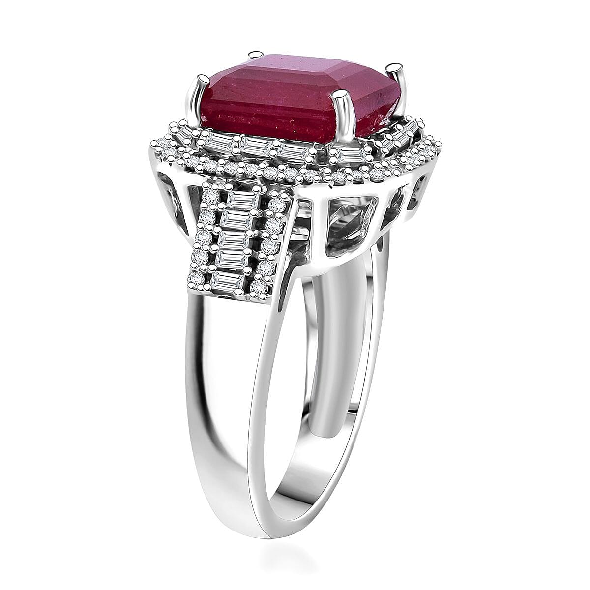 Premim Niassa Ruby (FF) and Moissanite 9.10 ctw Halo of Majesty Ring in Rhodium Over Sterling Silver (Size 6.0) image number 3