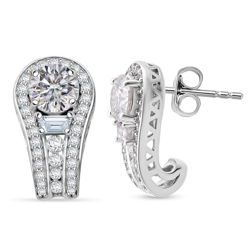 D'Joy Heart and Arrow Cut Moissanite 2.40 ctw Bridge Earrings in Rhodium Over Sterling Silver