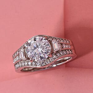 D'Joy Heart and Arrow Cut Moissanite 2.50 ctw Bridge Ring in Rhodium Over Sterling Silver (Size 5.0)