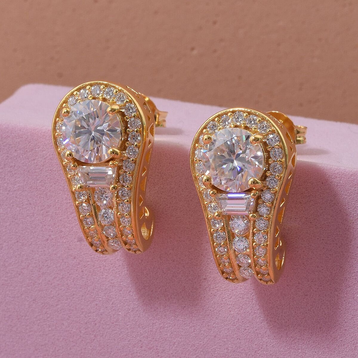 D'Joy Heart and Arrow Cut Moissanite 2.40 ctw Bridge Earrings in 18K Vermeil Yellow Gold Over Sterling Silver image number 1