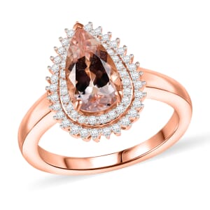 D'Joy Premium Marropino Morganite and Moissanite 2.25 ctw Double Halo Ring in 18K Vermeil Rose Gold Sterling Silver (Size 7.0)