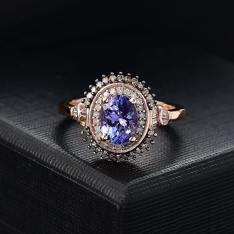 D'Joy Tanzanite, Natural Champagne and White Diamond 1.60 ctw Sunburst Ring in 18K Vermeil Rose Gold Over Sterling Silver (Size 7.0)