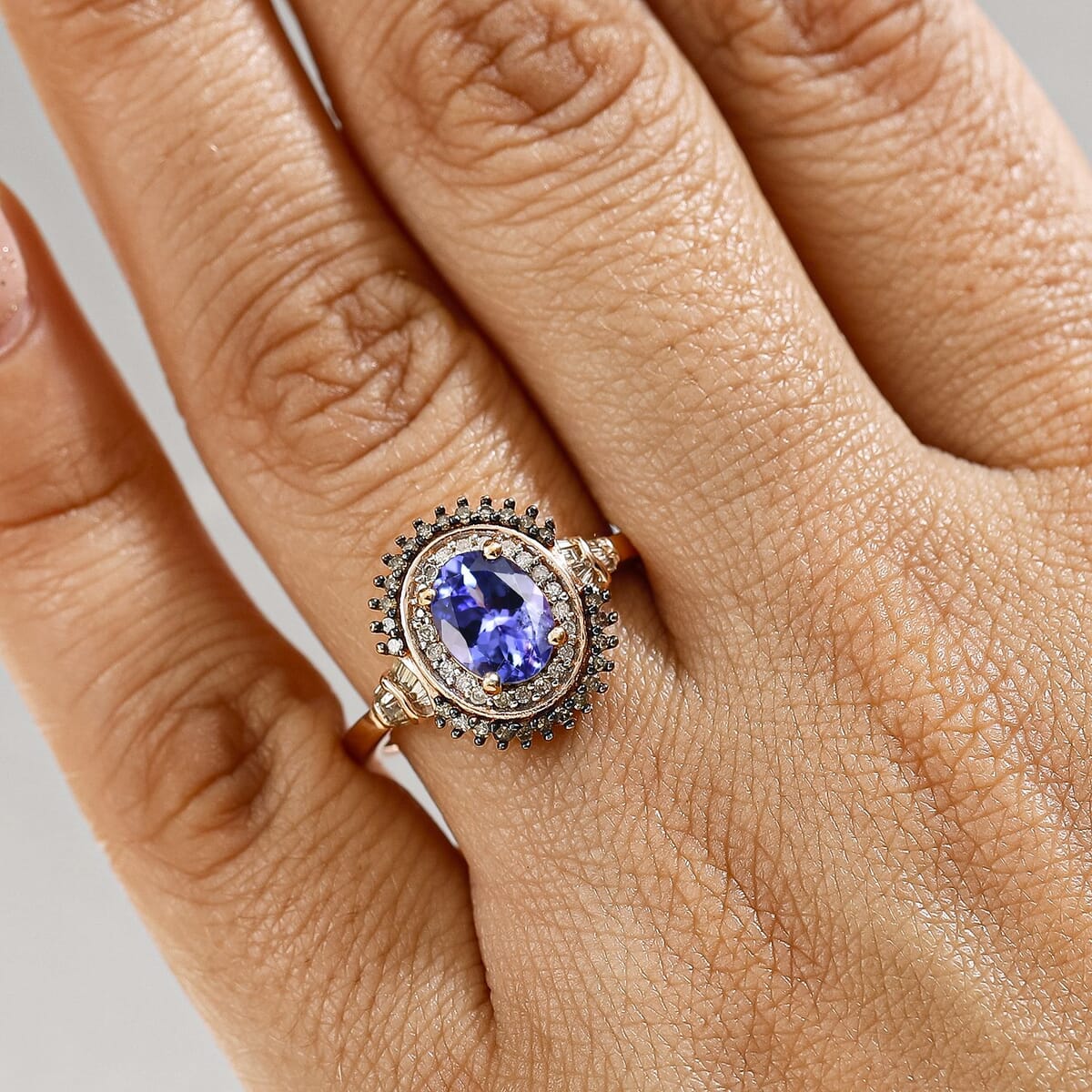 D'Joy Tanzanite, Natural Champagne and White Diamond 1.60 ctw Sunburst Ring in 18K Vermeil Rose Gold Over Sterling Silver (Size 7.0) image number 2