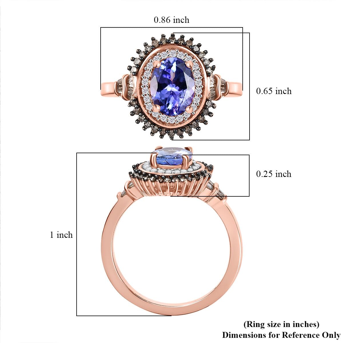 D'Joy Tanzanite, Natural Champagne and White Diamond 1.60 ctw Sunburst Ring in 18K Vermeil Rose Gold Over Sterling Silver (Size 7.0) image number 5