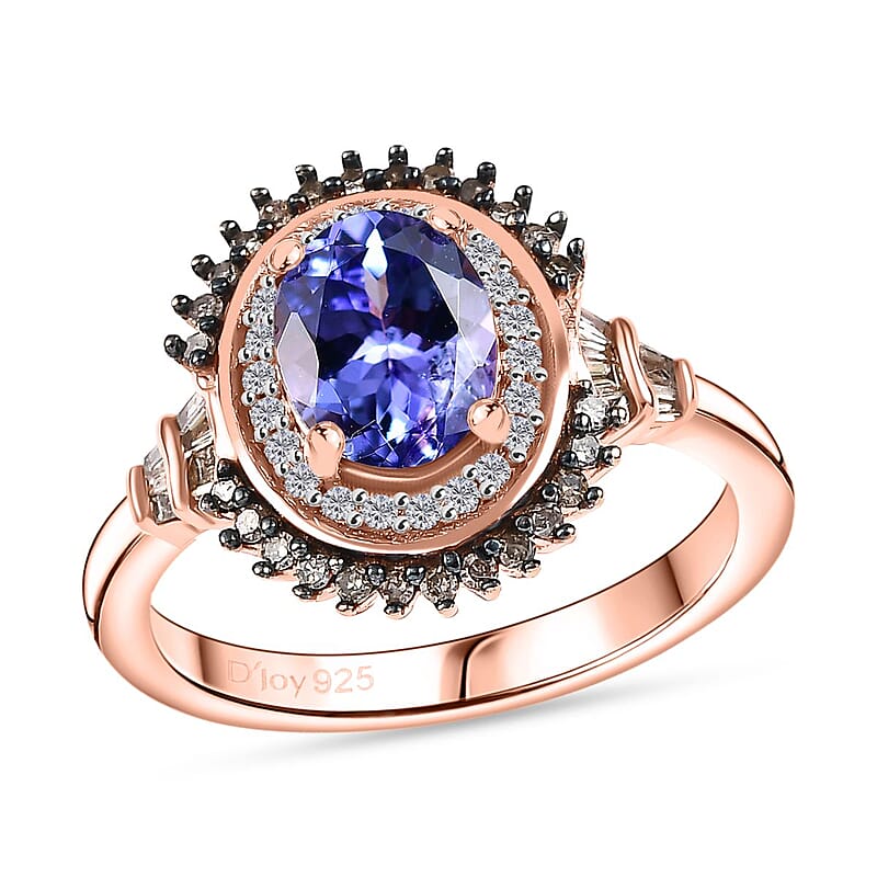 D'Joy Tanzanite, Natural Champagne and White Diamond 1.60 ctw Sunburst Ring in 18K Vermeil Rose Gold Over Sterling Silver (Size 8.0)