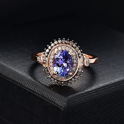D'Joy Tanzanite, Natural Champagne and White Diamond 1.60 ctw Sunburst Ring in 18K Vermeil Rose Gold Over Sterling Silver (Size 8.0)
