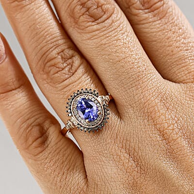 D'Joy Tanzanite, Natural Champagne and White Diamond 1.60 ctw Sunburst Ring in 18K Vermeil Rose Gold Over Sterling Silver (Size 9.0)