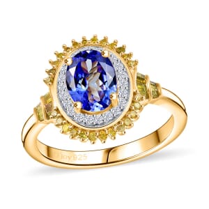 Tanzanite, Yellow and White Diamond 1.60 ctw Sunburst Ring in 18K Vermeil Yellow Gold Over Sterling Silver (Size 7.0)