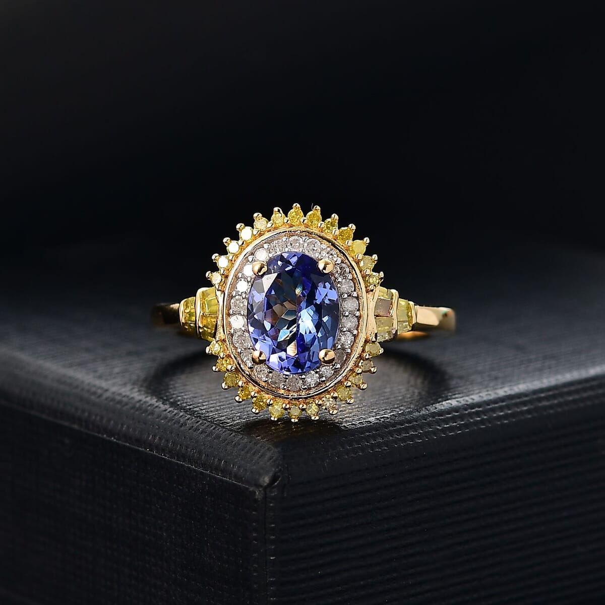 Tanzanite, Yellow and White Diamond 1.60 ctw Sunburst Ring in 18K Vermeil Yellow Gold Over Sterling Silver (Size 7.0) image number 1