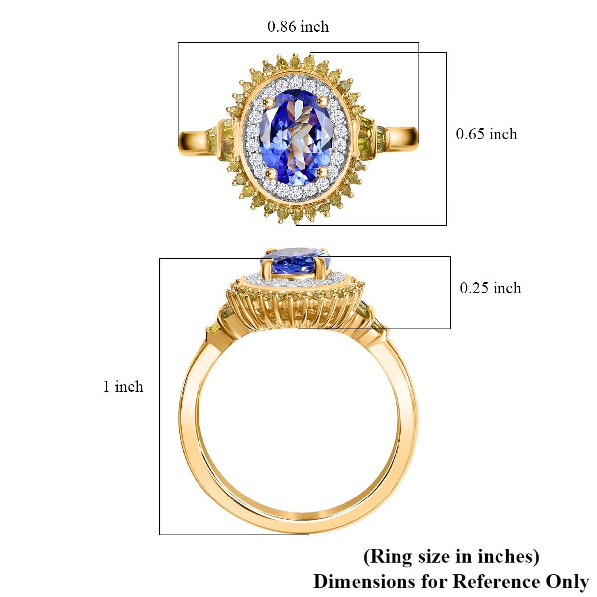 Tanzanite, Yellow and White Diamond 1.60 ctw Sunburst Ring in 18K Vermeil Yellow Gold Over Sterling Silver (Size 7.0) image number 5
