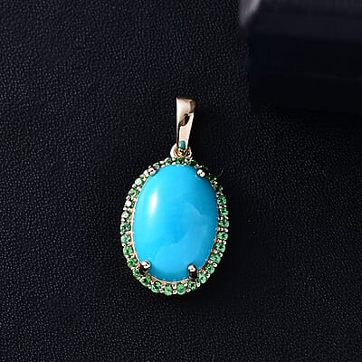 Luxoro Premium Sleeping Beauty Turquoise and Tsavorite Garnet 5.30 ctw Pendant without Chain in 10K Yellow Gold