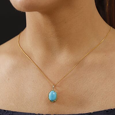 Luxoro Premium Sleeping Beauty Turquoise and Tsavorite Garnet 5.30 ctw Pendant without Chain in 10K Yellow Gold